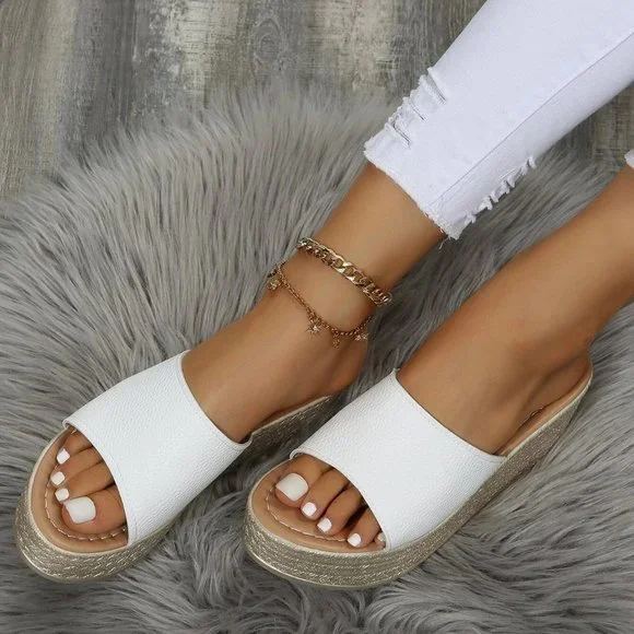 White Boho Women's Vacation Litchi Embossed Wedge Slide Sandals - Picture 5 of 5